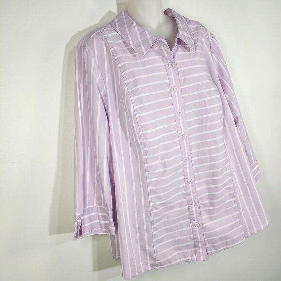 Denim & Co. Womens Shirt Size 1X Stripe Stretch Poplin 3/4 Sleeves Light Orchid - Picture 5 of 9